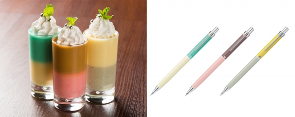 超極細シャープペン「オレンズ・マニッシュライン（限定品）」のデザインをイメージしたバイカラーのプリン