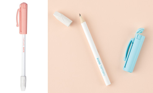 「KM135　KUM Tip Top Pop ケズリキエンピツツキ」は、キャップ型のスマートな削り器＋消しゴム＋鉛筆が1セットで便利。350円＋税