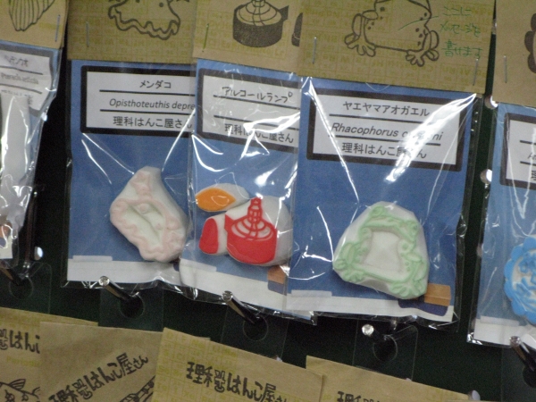 理科っぽいものをモチーフ。アルコールランプ・メンダコ・ヤエヤマアオガエル「消しゴムはんこ」理科はんこ屋さん