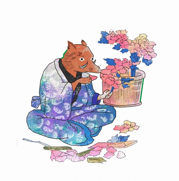 亥／牡丹造花師：イノシシは牡丹の造花師に。（イノシシの肉は牡丹肉と呼ばれる） 