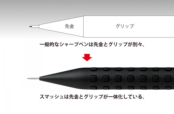 ■スマッシュの商品特長■　1.安定した書き心地が続く！ペン先と一体化したグリップ