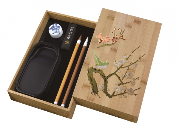 「硯箱セット　竹製／梅に鶯蒔絵」