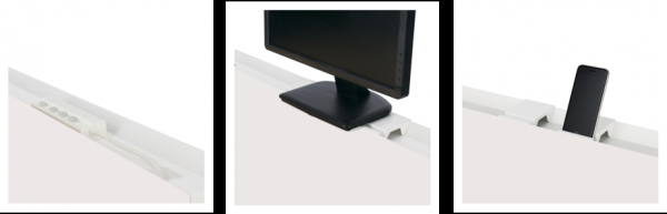 写真：（左から）電源タップ収納例、トレーブロックのモニター使用例、 トレーブロックのスマホスタンド使用例