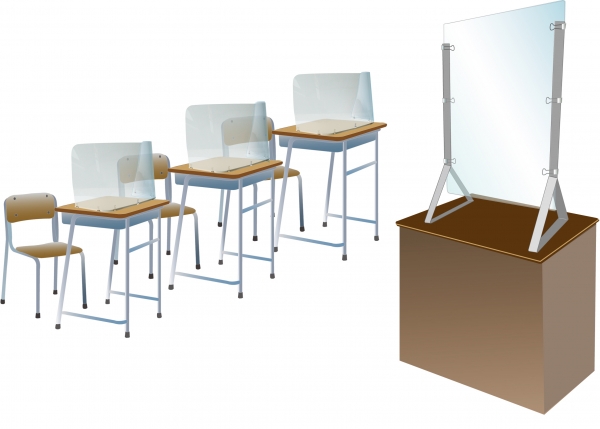 教室で使用イメージ「デスク　キャノピー」「教卓用ディフェンスパネル」