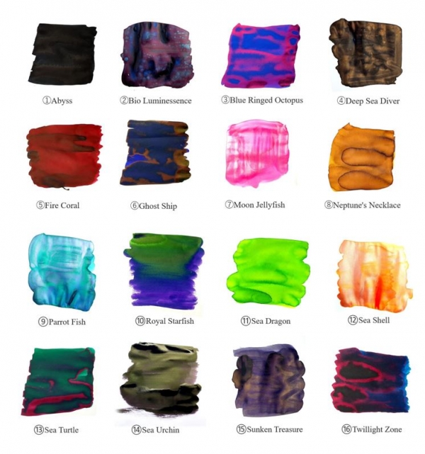 商品名｜Underwater Series （海中シリーズ）カラー｜全16色（Abyss、Bio Luminessence、Blue Ringed Octopus、Deep Sea Diver、Fire Coral、Ghost Ship、Moon Jellyfish、Neptune's Necklace、Parrot Fish、Royal Starfish、Sea Dragon、Sea Shell、Sea Turtle、Sea Urchin、Sunken Treasure、Twillight Zone）