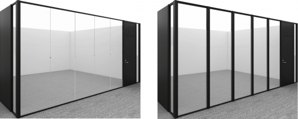 ガラスパーティション設置例設置イメージ（従来との比較)(左から)写真1(a) 開発品（連装ガラスパーティション）、写真1(b) 従来品（鋼製枠あり）