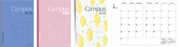 ■スタンダードタイプ　（左から）ブルー、ピンク、ミモザ柄（2022年版限定柄）、マンスリー罫