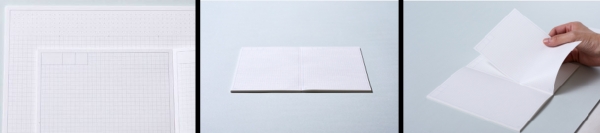 ・手帳のようなドット方眼の罫線で、ノートのように日付はブランク（フラットに開く無線綴じ仕様）