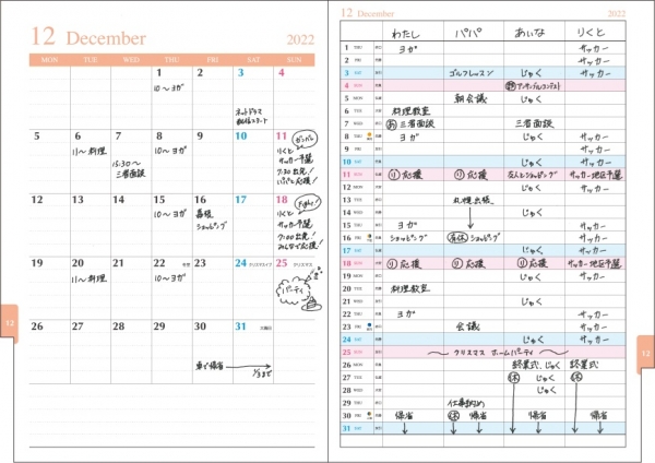 【マンスリーページ書き込み例①】 4項目を家族一人一人に分けて記入して、家族の予定を管理する。