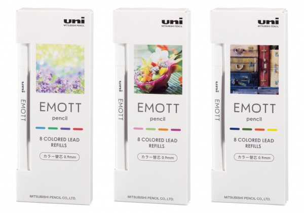 『EMOTT（エモット）pencil』替芯 左から：リフレッシュカラー、トロピカルカラー、ノスタルジックカラー