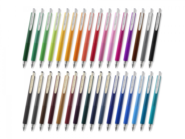 ◆上段（左から）：ビリジアン、緑、フレッシュグリーン、ライトグリーン、黄、オレンジ、レッドオレンジ、 バーミリオン、赤、ピンク、ライトピンク、マゼンタ、紫、茶、グレー、黒 ◆下段（左から）：セピアブラック、ダークグレー、ブラウングレー、レッドブラック、キャメルイエロー、 カシスブラック、ボルドーパープル、グリーンブラック、ブルーブラック、ブルーグレー、青、コバルトブルー、ペールブルー、ライトブルー、ナイトブルー、ブルーグリーン