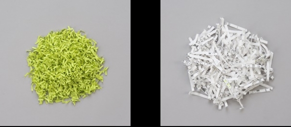 ※左（黄緑）MSE-14MC　約2&times;12㎜の細断　　右（白）MSE-17C　約4&times;40㎜の細断くず