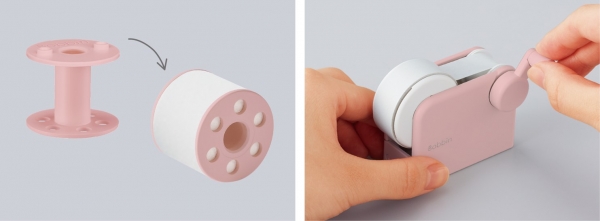 ハンドルをくるくる回すだけで、いつものマスキングテープをボビンテープに巻き替えられる