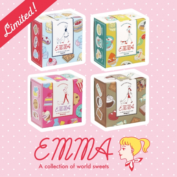 ●『ワールドクラフト』EMMAロールボックスシール　各660円 EMMAが旅した各国のお菓子を詰め込んだロールボックスシールです。「Belgium」「America」「Taiwan」「France」の全部で4種類。海外の可愛いスイーツのシールがいっぱいです。