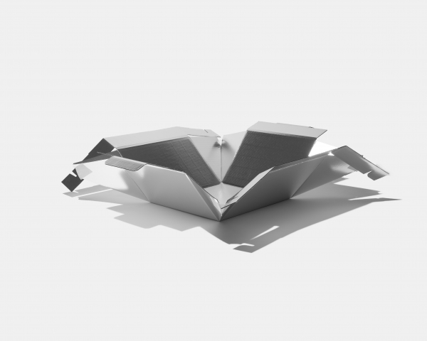 1枚のダンボールを折ってできた水をつつむ構造