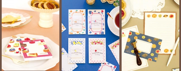 左から）オトメ時間　メモパッド　スイーツ・ ミニレターセット　フレーバーティー・レターセット　スイーツ