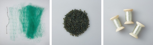 左から）漁網、再生加工されたペレット(REAMIDE(R))、ナイロン糸