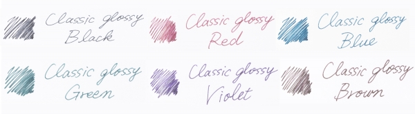 インキ色は、ブラック、レッド、ブルー、グリーン、バイオレット、ブラウン系の6色をラインアップ