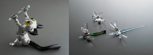 作品（左）：見上げる黒猫　作品（右）：昆虫と天使のペンホルダー