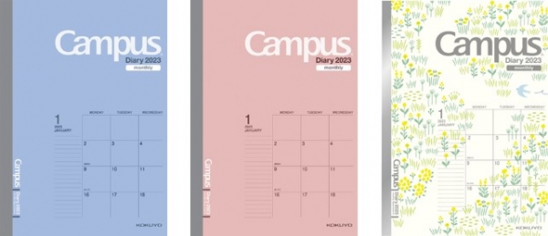 スタンダードタイプ（マンスリー）（左から）ブルー、ピンク、2023年限定北欧テイスト柄