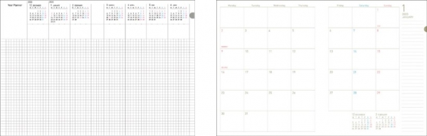 ソフトリングダイアリー　ラインアップ（左から）イヤープランナーページ、マンスリーページ