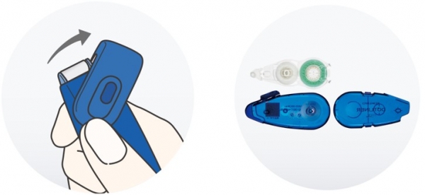 （左）新機構のフリックキャップ、（右）つめ替えタイプで業界最小クラスの本体