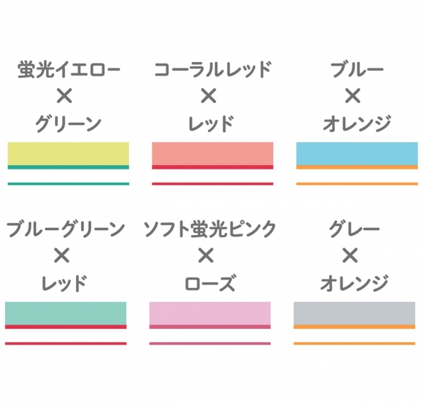 インキのパターンは6種類レッドは採点用に、オレンジは赤シートで消えるので暗記用として使用することができます。