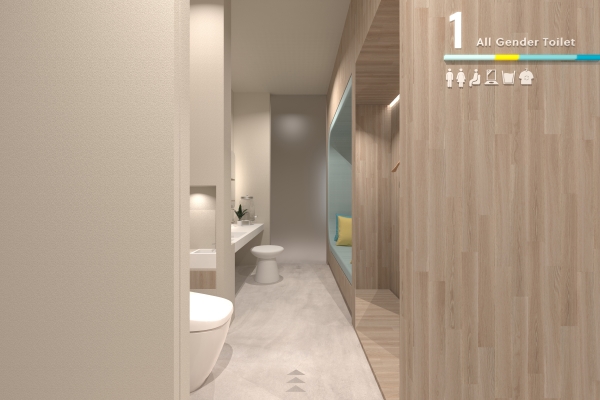【企画01：オールジェンダートイレ】入口と出口を分けた一方通行型のトイレです。