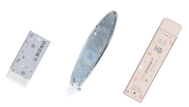 「MONO（モノ）」コラボレーション アイテム（左から）消しゴム「モノ」、修正テープ「モノエアー ペンタイプ」、シャープ芯「モノグラフMG」