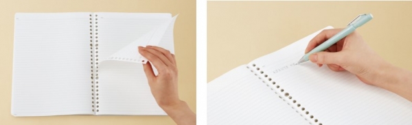 （左）ページをはぎ取るとルーズリーフになる、（右）ノートのまま書くこともできる