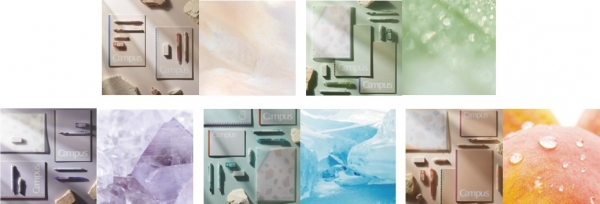 上段左から）シェルベージュ、ピスタチオグリーン シアーパープル、ソルベブルー、アプリコットピンク