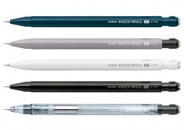 『ノックペンシルM-1700』価格:220円(税抜200円)　芯径:0.5mm　消しゴム：ゼブラNタイプ  軸色:（上から）ネイビー/グレー/ホワイト/ブラック/透明