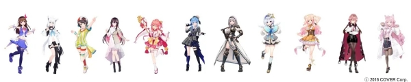 左から、ときのそら、白上フブキ、大空スバル、AZKi、さくらみこ、星街すいせい、白銀ノエル、天音かなた、桃鈴ねね、鷹嶺ルイ、博衣こより （合計11名参加）