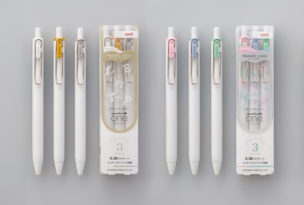 左から、白、金、銀、3色セット「白金銀3C」（継続品）  シマーソフトピンク、シマーライトブルー、シマーミントグリーン、3色セット「シマーカラー3C」（数量限定）  (金、銀、シマーソフトピンク、シマーライトブルー、シマーミントグリーンの5色はメタリックインク)
